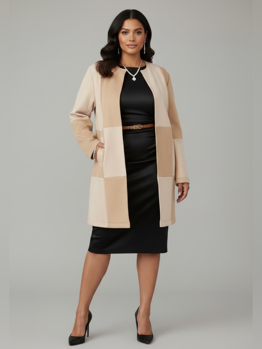 Colorblock Open-Front Longline Coatigan in Beige